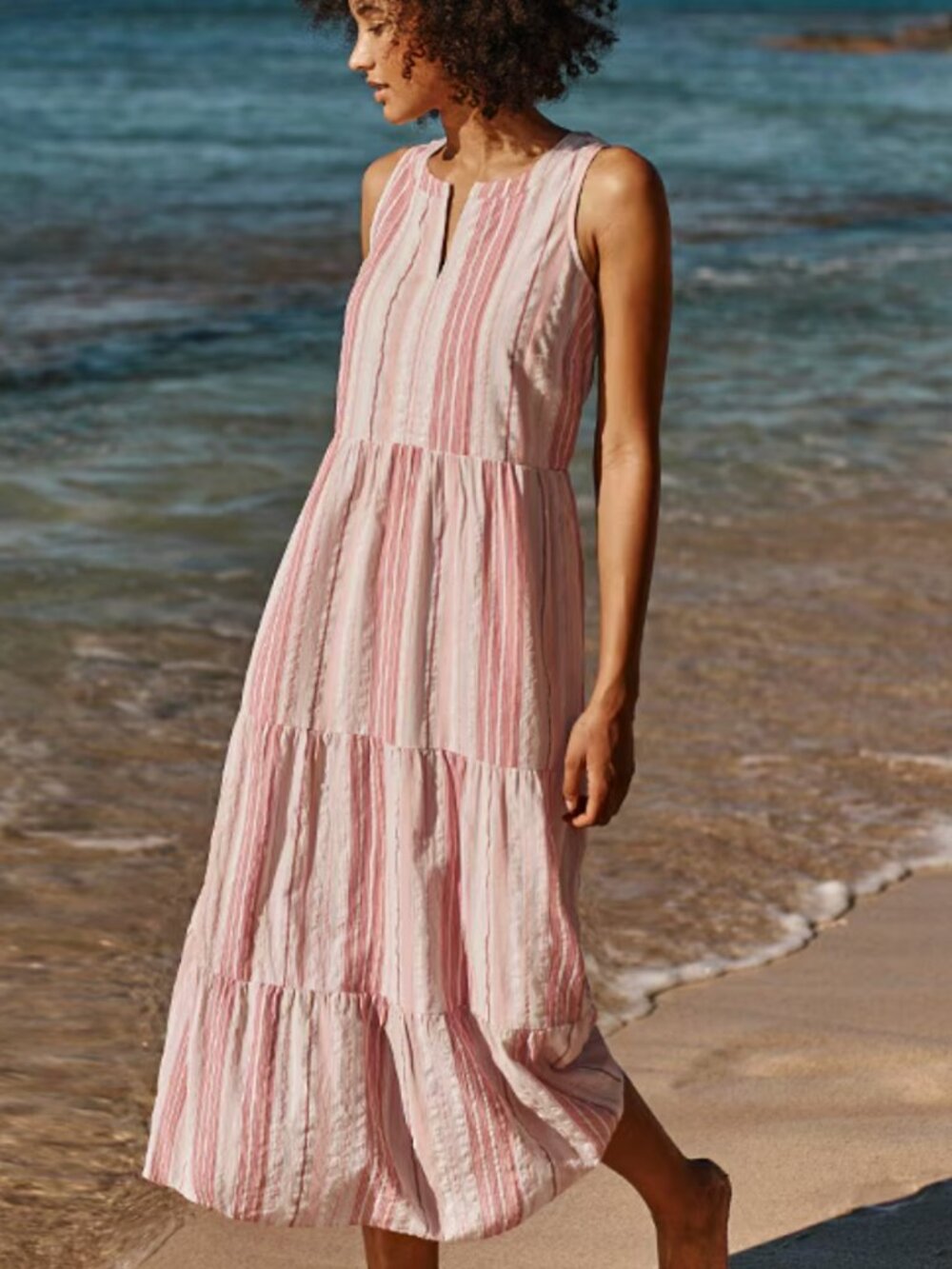 J. Jill Ibiza Maxi Dress Small Petite Sleeveless Tiered Boho Pink Striped V-Neck - Picture 9 of 9